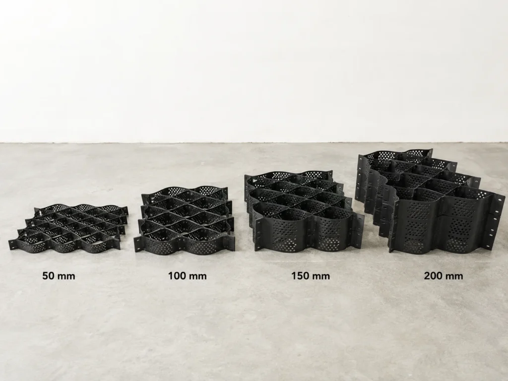 HDPE geocell cell height comparison 50 100 150 200 mm