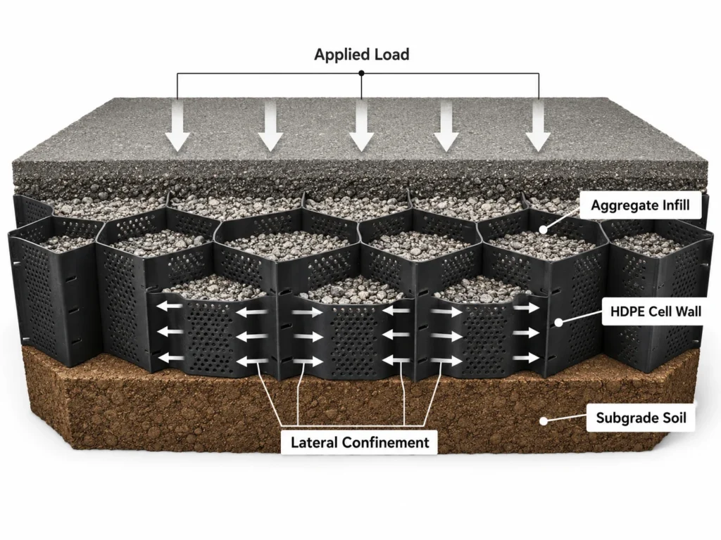 HDPE geocell cellular confinement and load distribution diagram