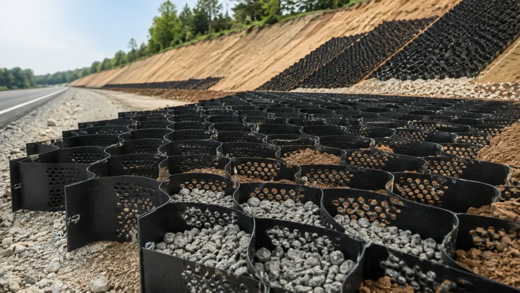 HDPE geocell cellular confinement system for soil stabilization