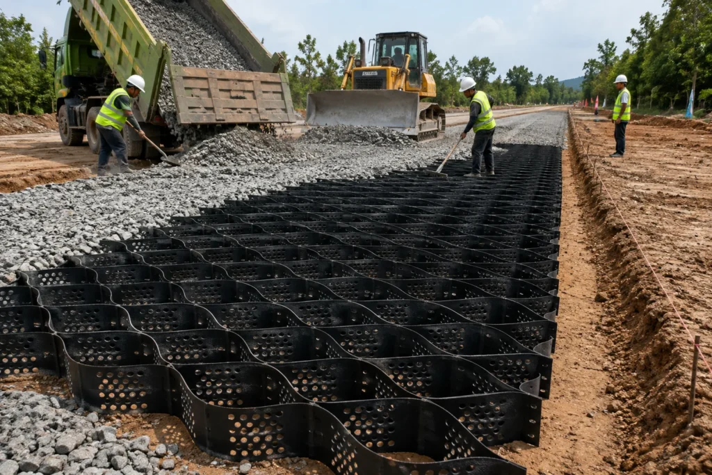 HDPE geocell installation for road and soil stabilization