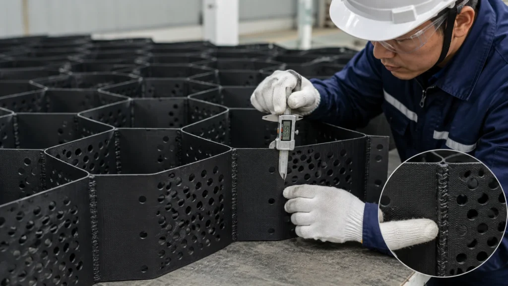 HDPE geocell weld joint and welding distance quality inspection