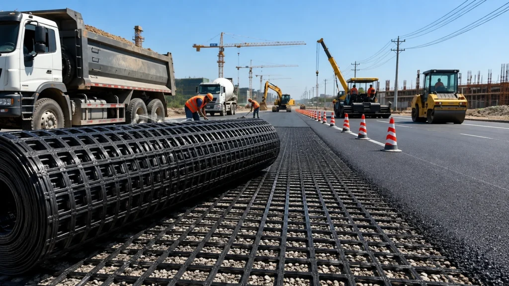 Highway construction site and black geogrid rolls
