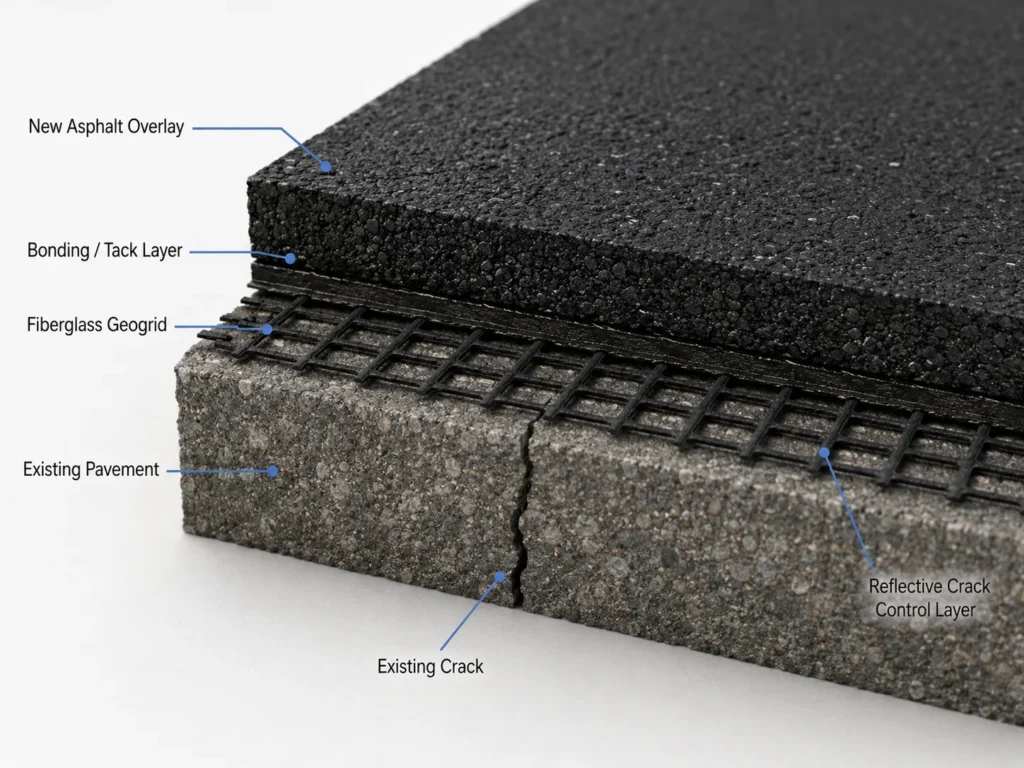 fiberglass geogrid asphalt overlay reinforcement cross section