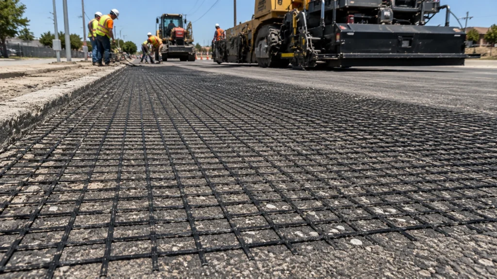 fiberglass geogrid installation on asphalt pavement before overlay