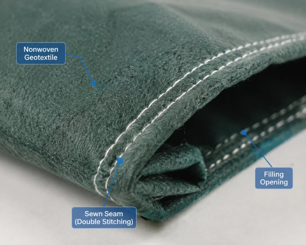 Details of double-thread stitching for non-woven geotextiles