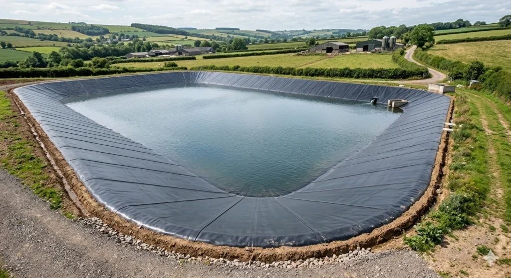 HDPE geomembrane pond liner installed for a large farm pond