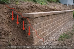 Residential retaining wall approximately 4 feet high showing soil pressure acting behind the wall