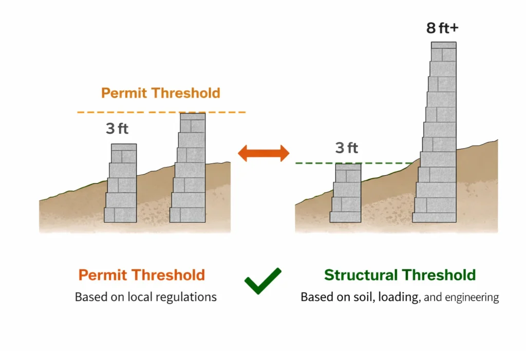 Diagram illustrating retaining wall height as a regulatory threshold rather than a structural limit