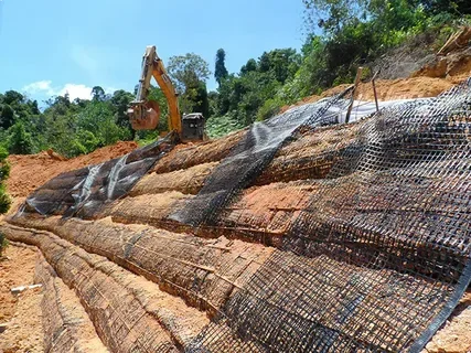 Geogrid reinforcement layers used in a reinforced soil retaining wall system 