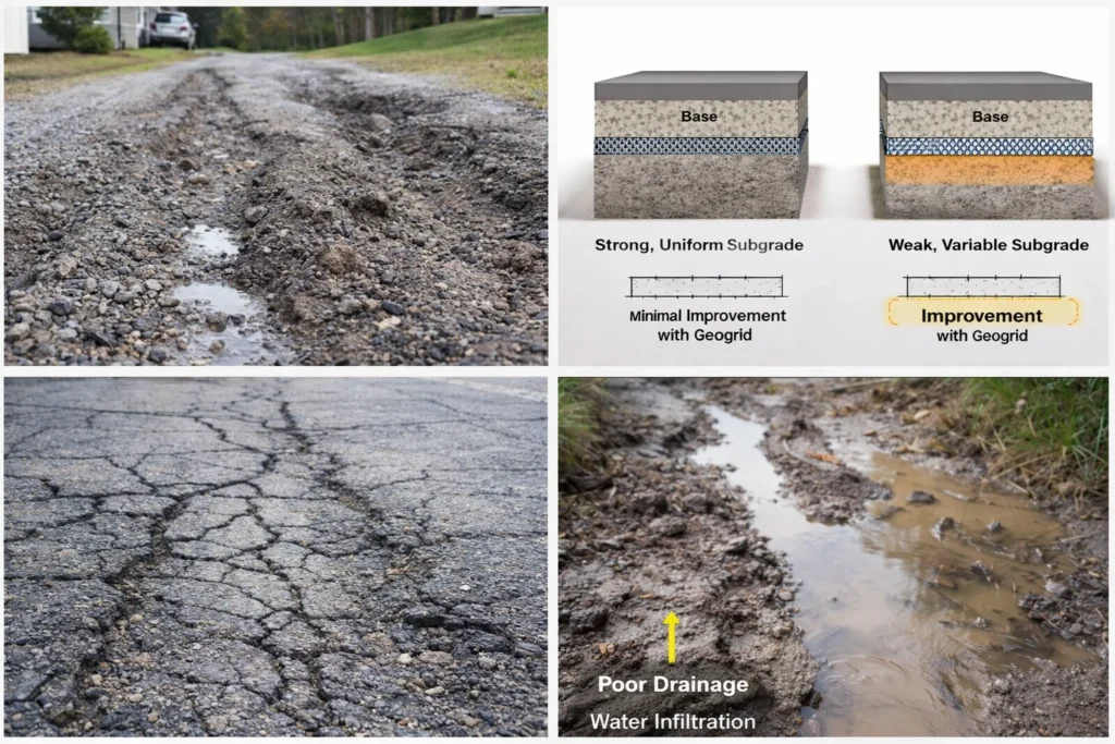 Gravel driveway showing surface migration and rutting from loose aggregate