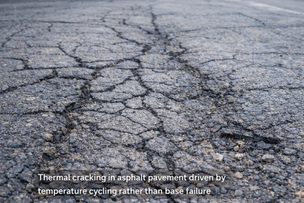 Thermal cracking in asphalt pavement driven by temperature cycling rather than base failure