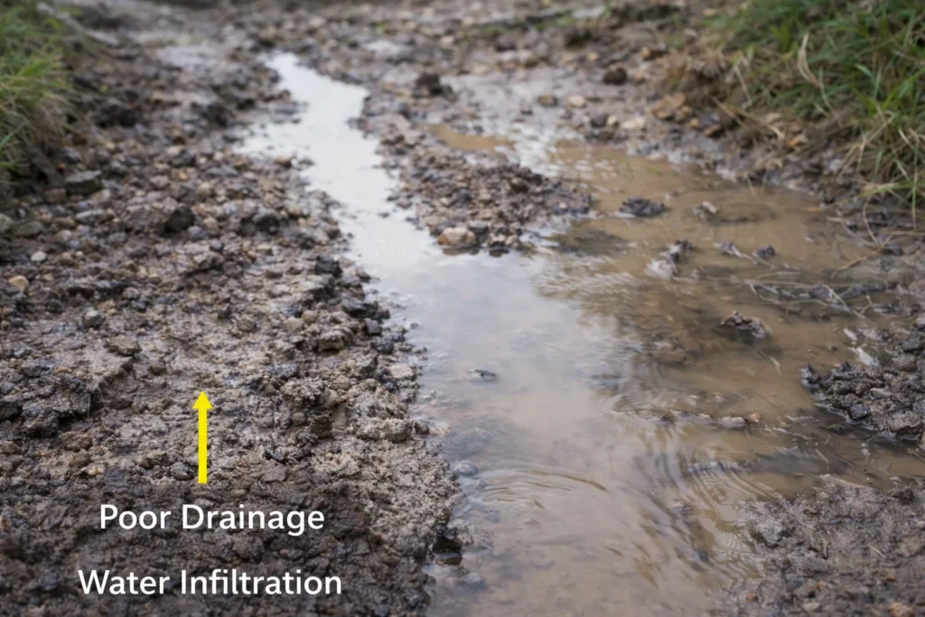 Water infiltration and poor drainage contributing to subgrade weakening and pavement distress