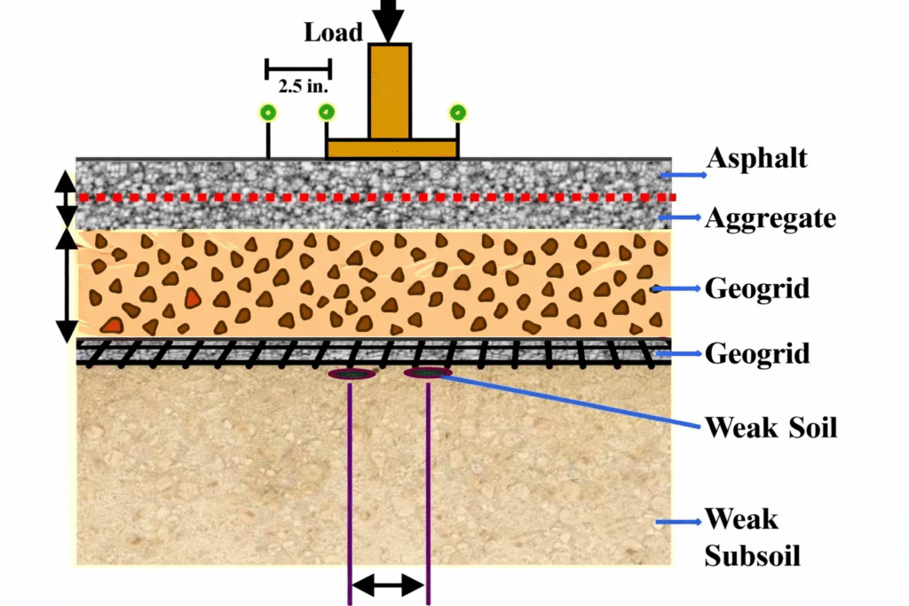 road base reinforcement cross section with geogrid and weak subgrade
