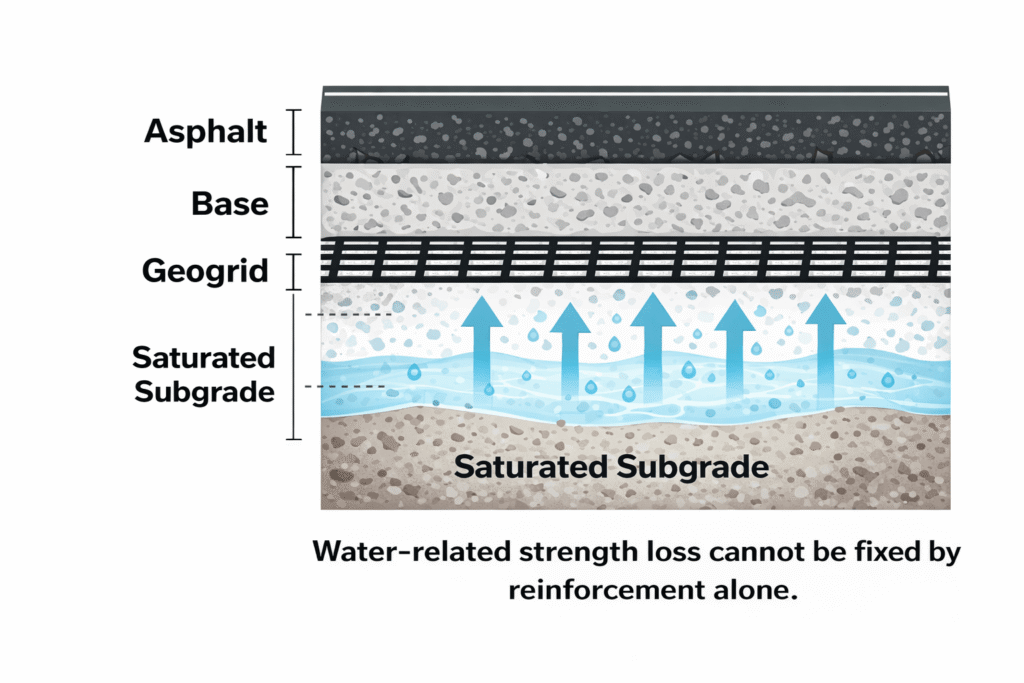 Section diagram showing saturated subgrade conditions where geogrid cannot compensate for water-related strength loss