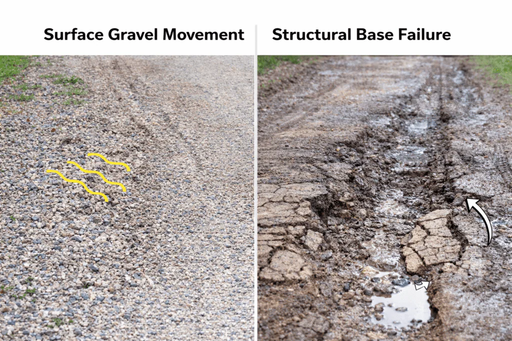 Comparison between surface gravel displacement and structural base failure