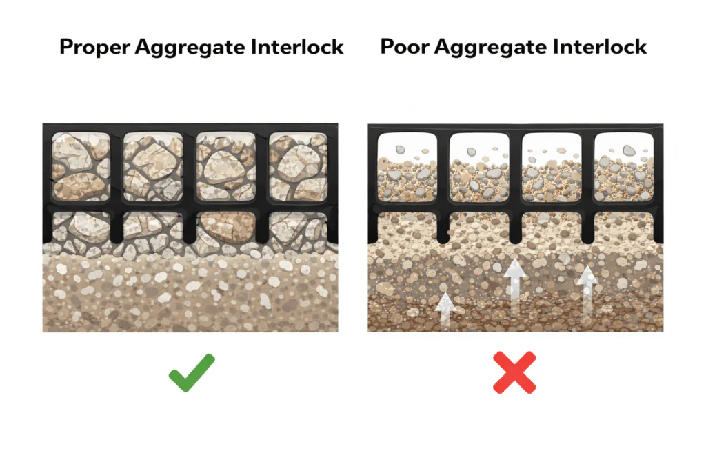 Illustration of proper and improper aggregate interlock within geogrid apertures