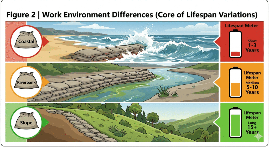 geobag lifespan varies by coastal riverbank and slope conditions