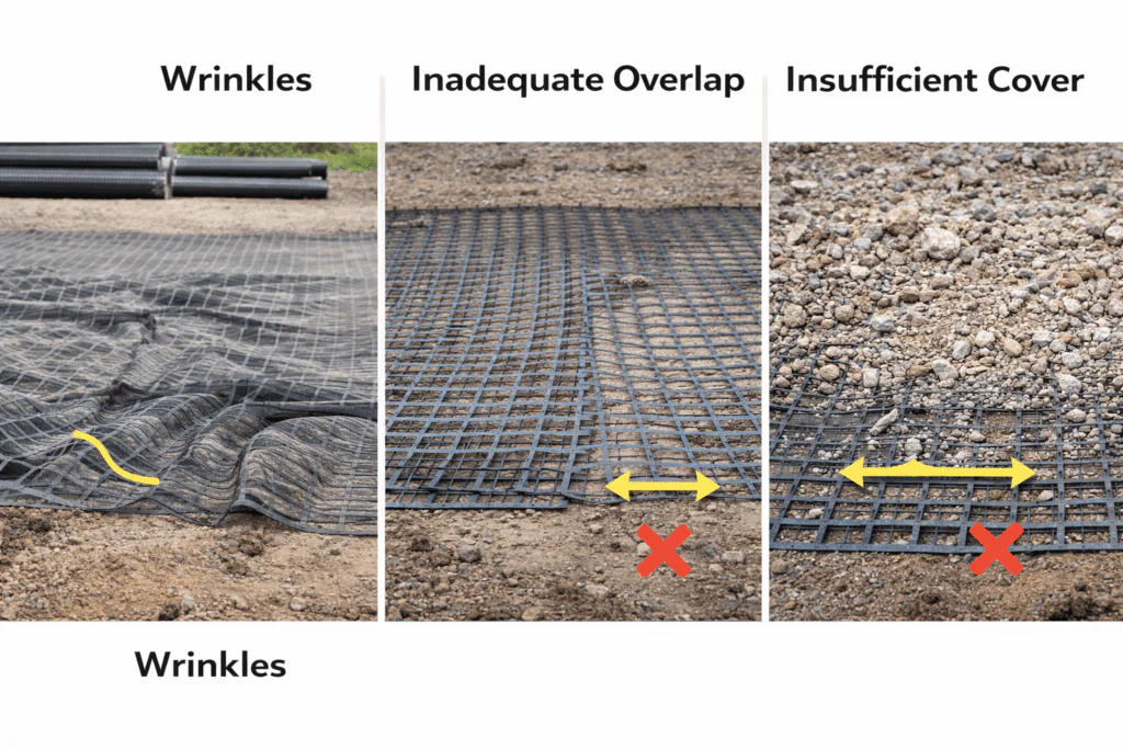 Improper geogrid installation showing wrinkles and insufficient overlap