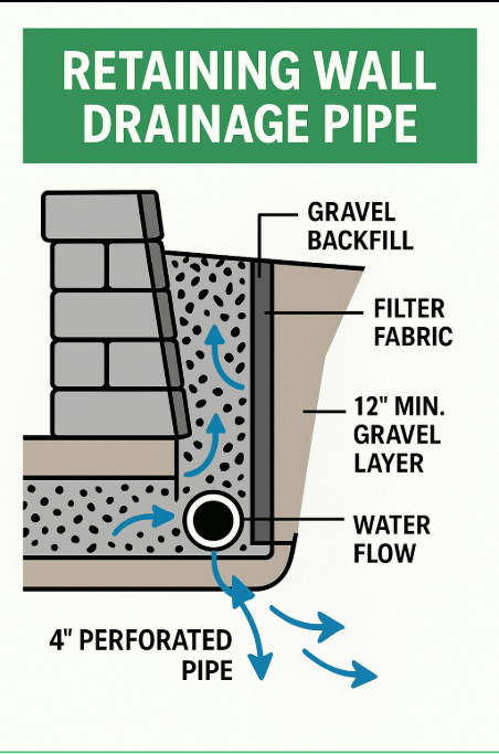 Retaining wall drainage pipe with gravel backfill and water flow