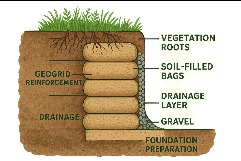 cross section diagram showing geobag retaining wall resisting lateral earth pressure