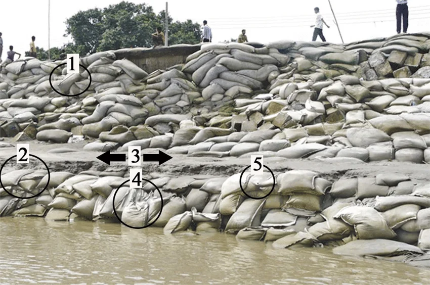 example of damaged geobag retaining wall caused by erosion or poor installation