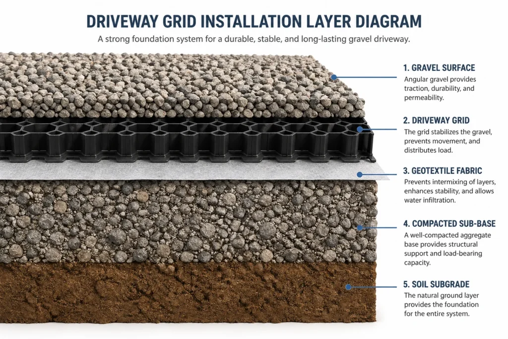 driveway grid installation layers with gravel geotextile and compacted sub-base