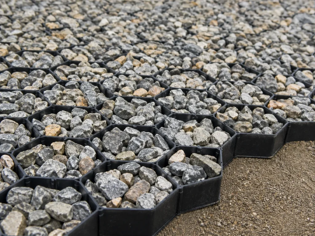 close-up of plastic driveway grid filled with gravel