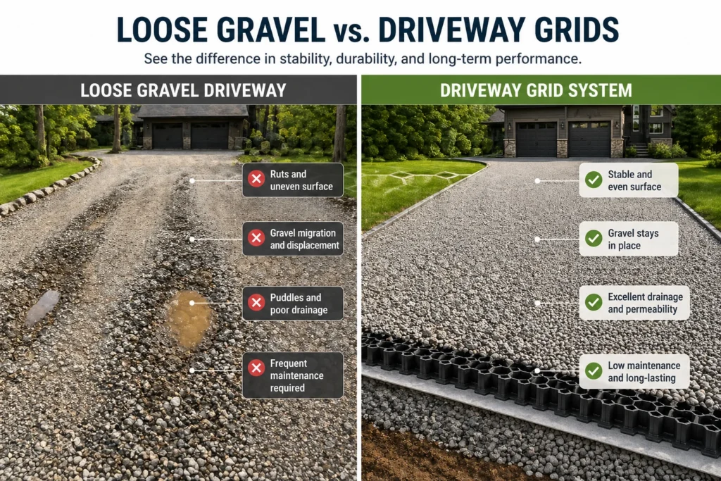 loose gravel driveway vs stabilized driveway grid comparison