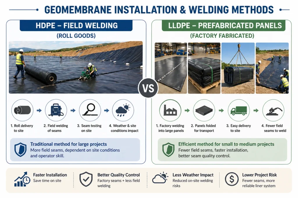HDPE field welding and LLDPE prefabricated geomembrane panels