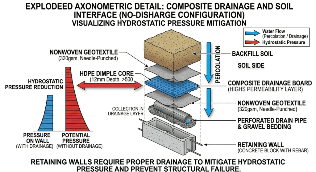 composite drainage board structure with hdpe core and geotextile