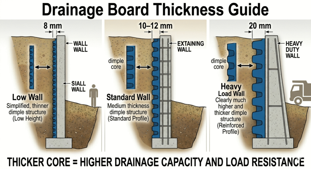 retaining wall drainage board thickness comparison