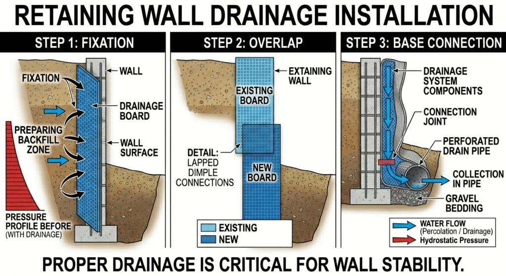 retaining wall drainage board installation steps