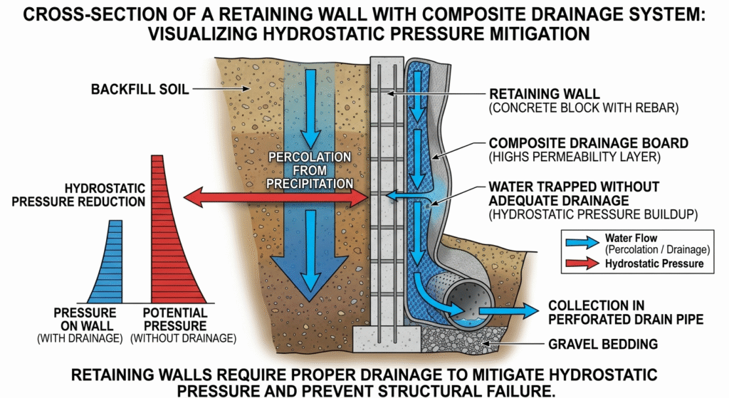 composite drainage board behind retaining wall cross section