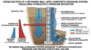 composite drainage board behind retaining wall cross section