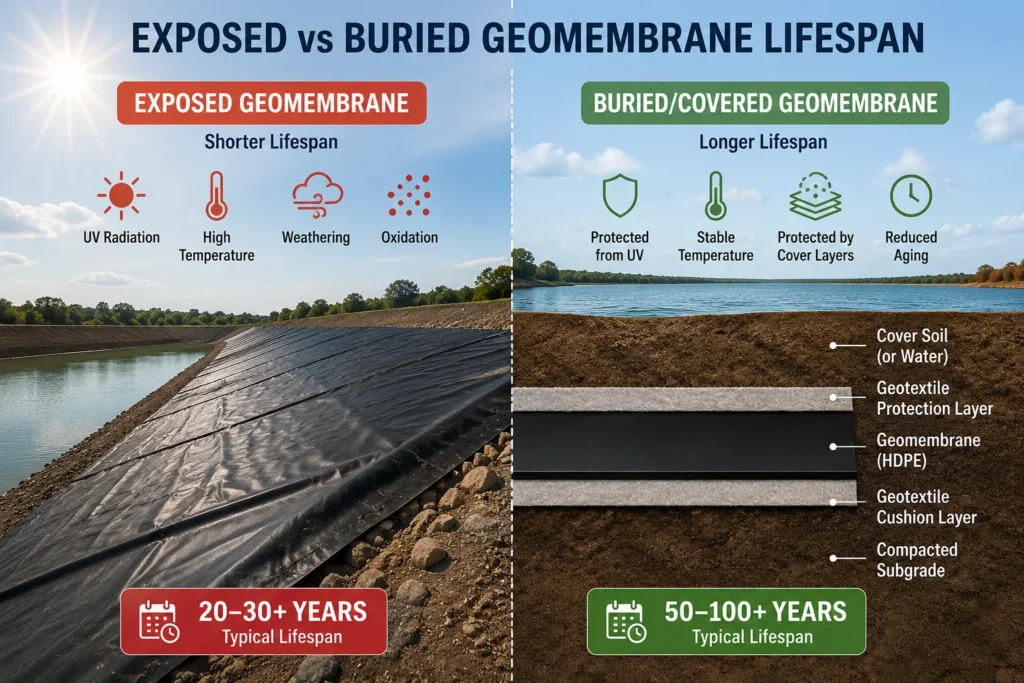 exposed vs buried geomembrane lifespan comparison