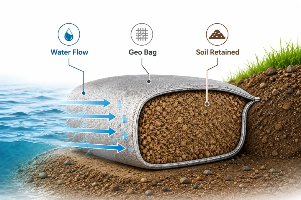 geo bag structure diagram showing water flow and soil retention