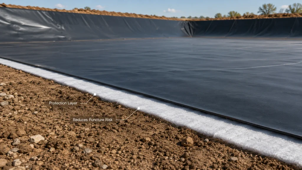Nonwoven geotextile protection layer under HDPE geomembrane liner