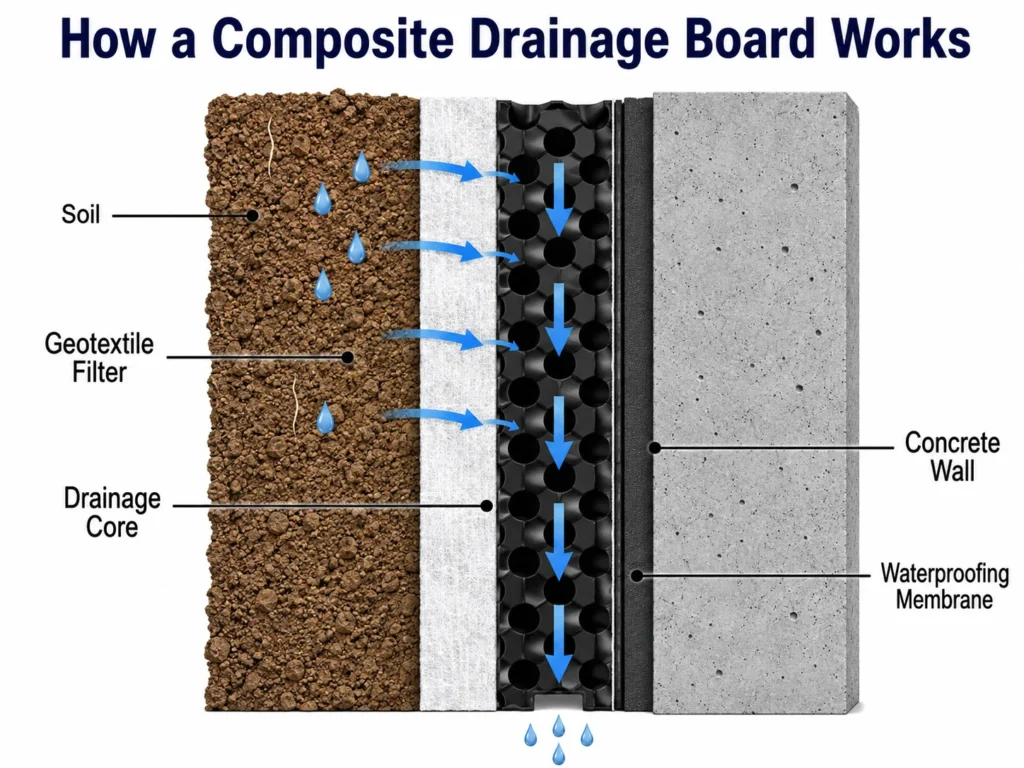 how a composite drainage board works