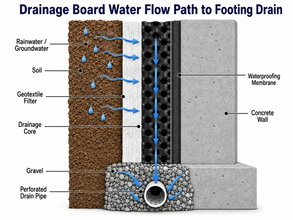 drainage board water flow path to footing drain