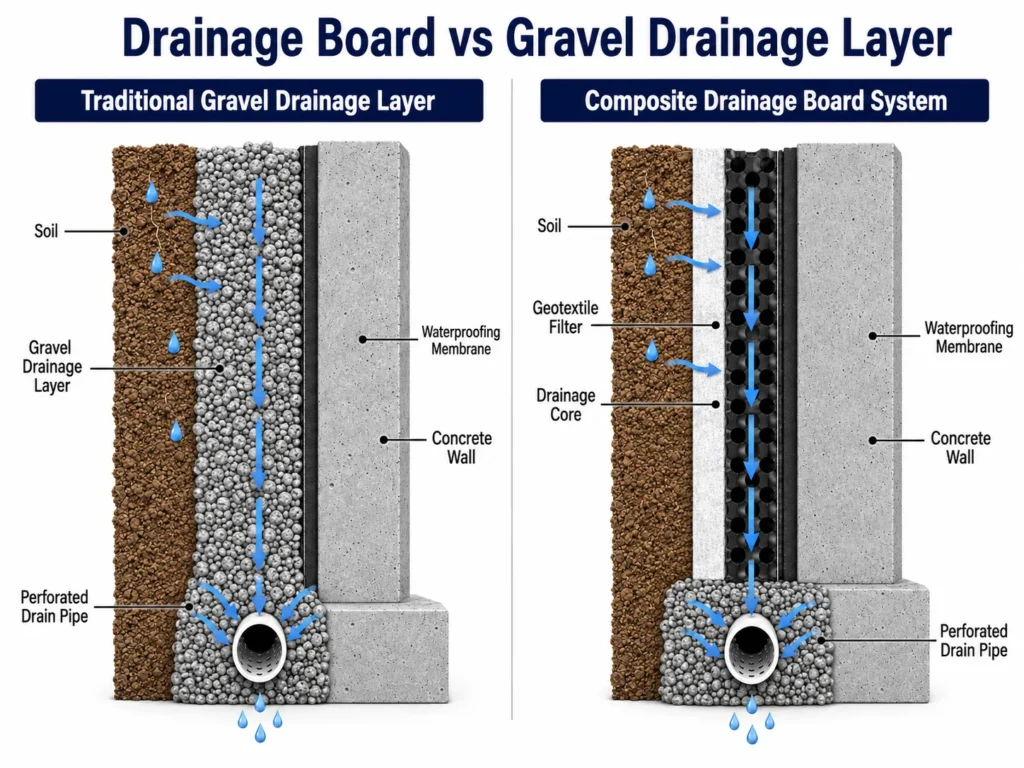 drainage board vs gravel drainage layer
