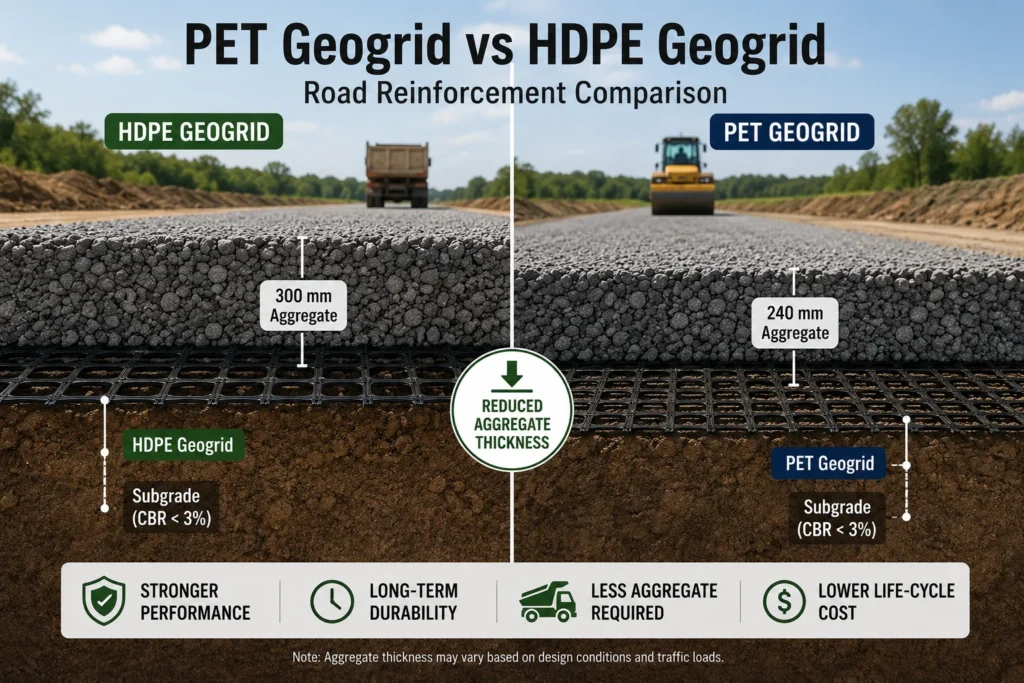 PET geogrid road reinforcement compared with HDPE geogrid