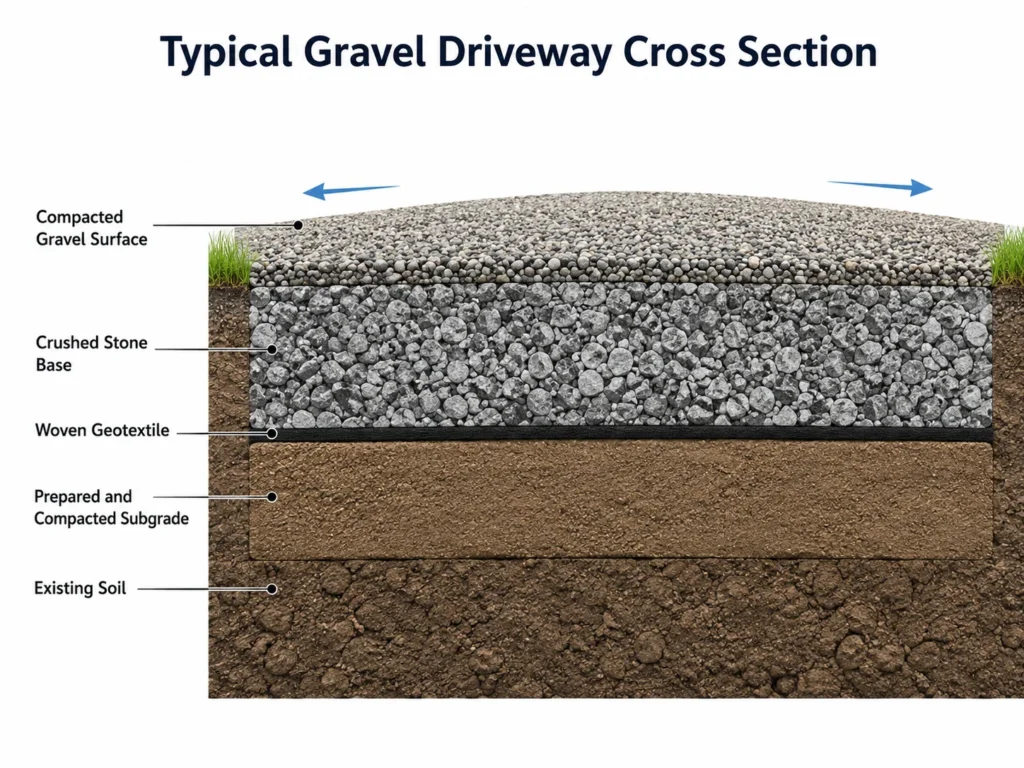 woven geotextile fabric under gravel driveway base cross section