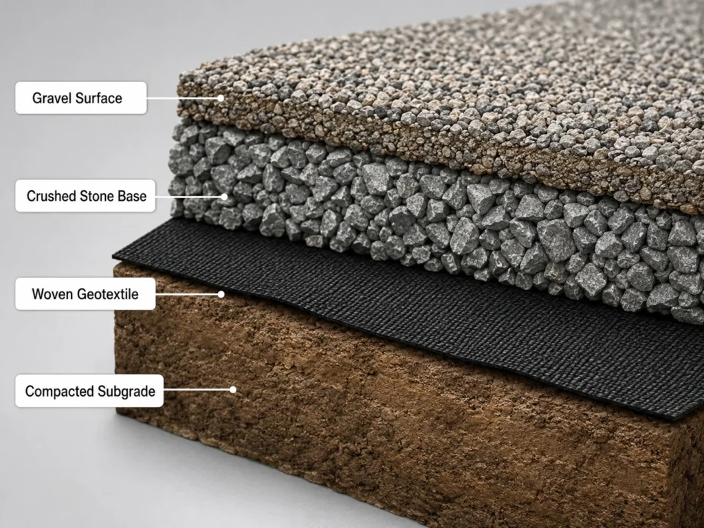 Image 3: Driveway Cross Section Image concept: A cross-section showing compacted subgrade, woven geotextile fabric, crushed stone base, and gravel surface layer. Suggested alt text: woven geotextile fabric under gravel driveway base cross section
