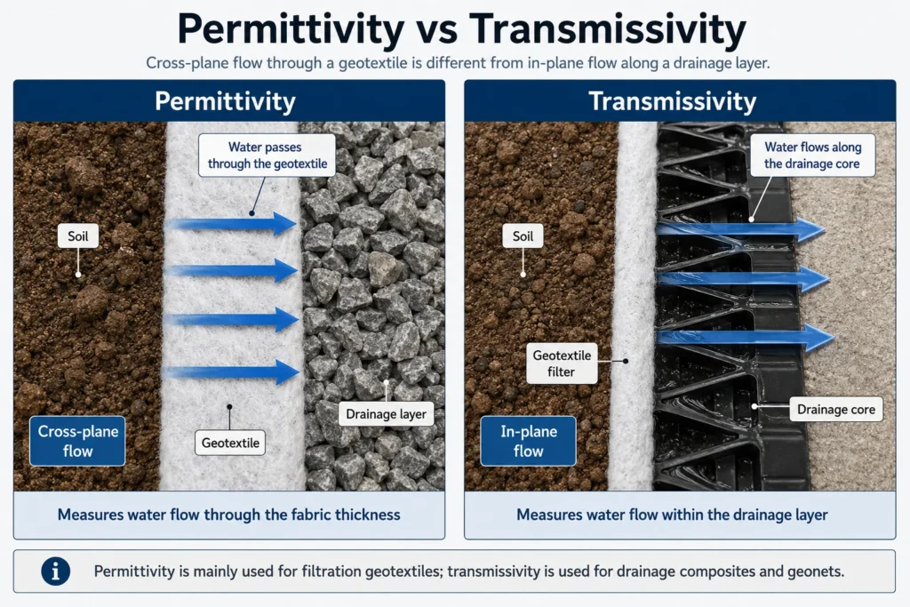 geotextile permittivity versus drainage core transmissivity