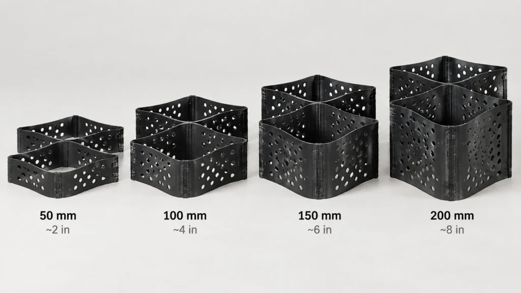 50mm 100mm 150mm and 200mm geocell height comparison