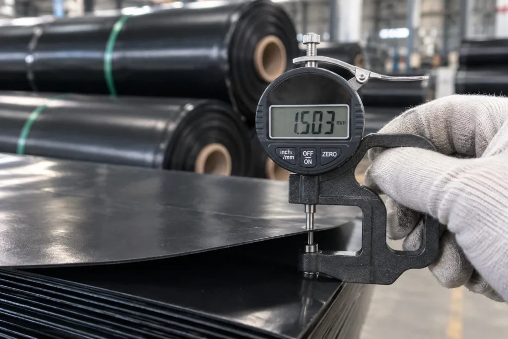 HDPE geomembrane thickness measurement during factory quality control