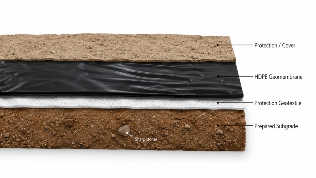 protective geotextile under HDPE geomembrane liner cross section