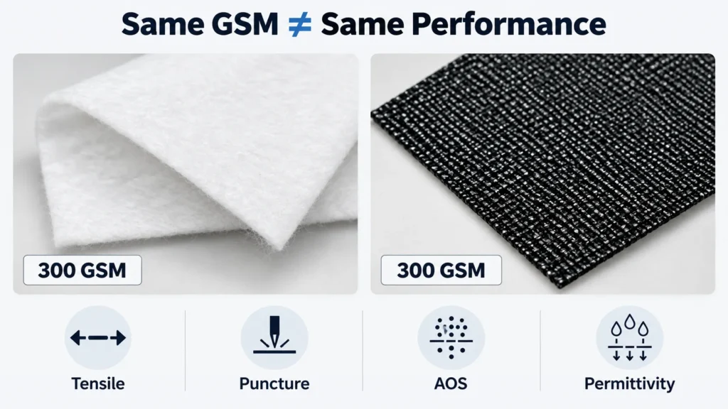 same GSM geotextiles can have different tensile puncture and hydraulic properties