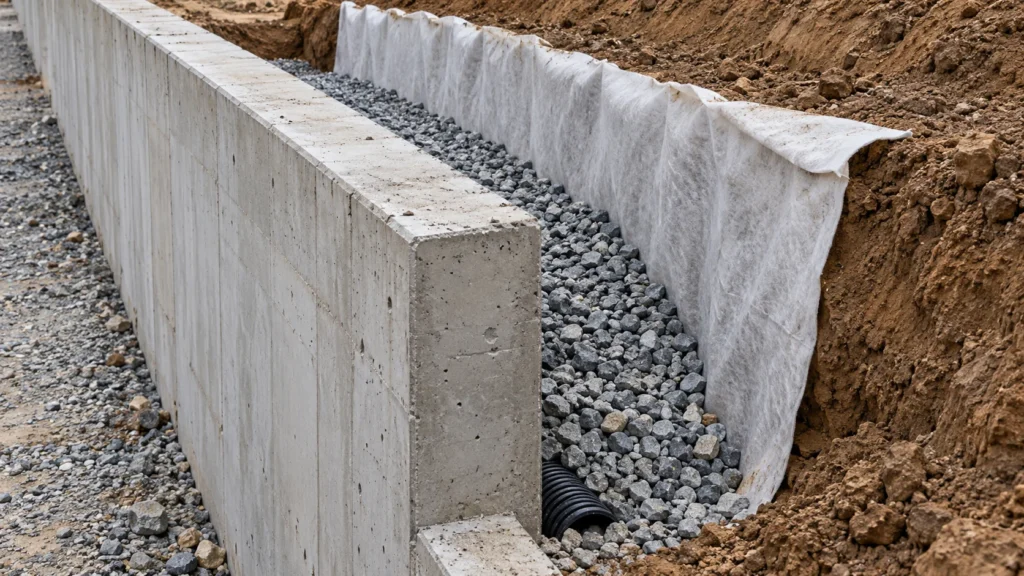 Geotextile filter fabric separating soil from drainage aggregate during retaining wall construction
