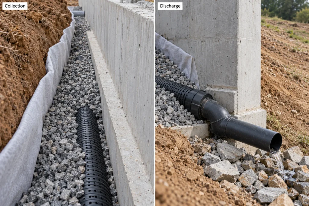 Retaining wall drainage collector pipe and discharge connection during construction